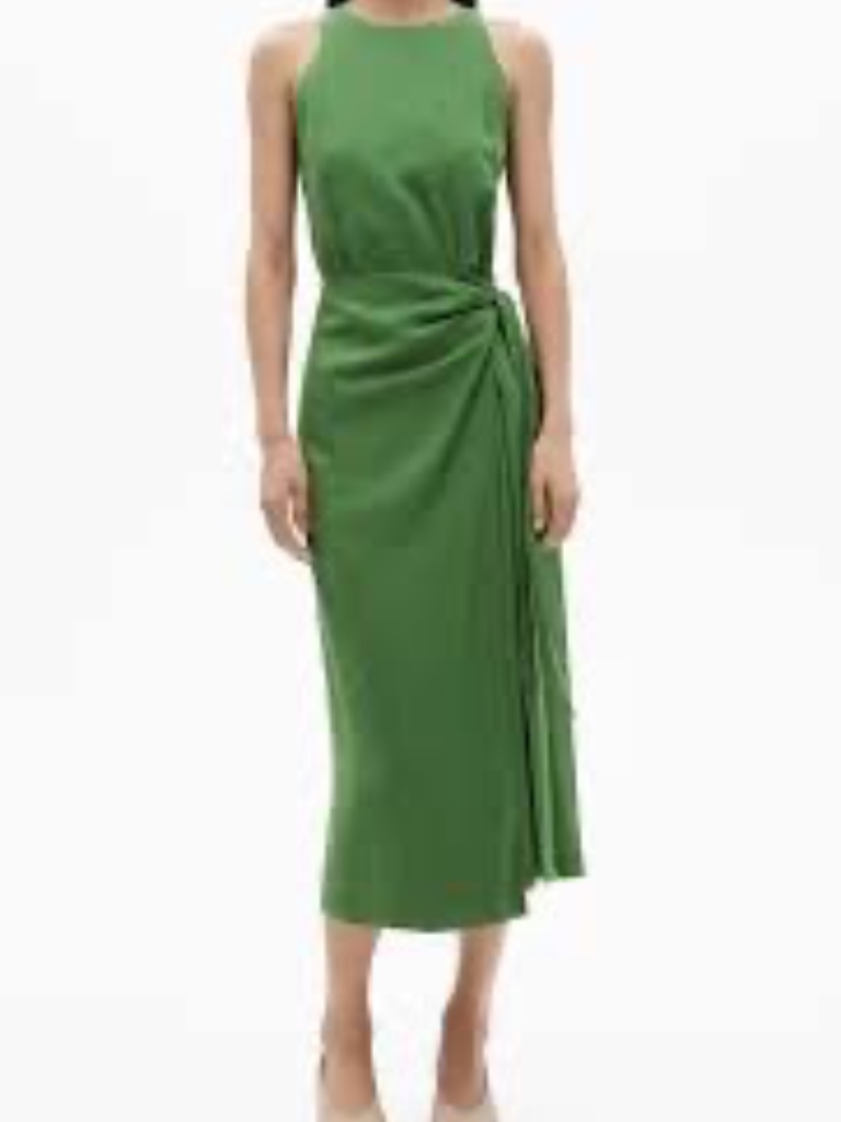 Mango Mng Bow Waist Linen Blend Midi Dress Green 4